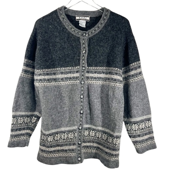 Vintage KOBE Plus Size 1X Shetland Wool Sweater Cardigan Fair Isle Snowflake - Picture 1 of 7